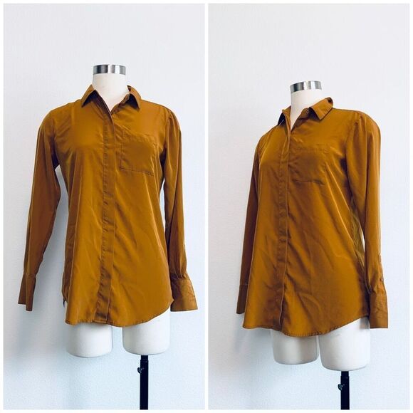 Nine West Yellow Orange Brown Satin Blouse Button Down Extra Small XS - Picture 1 of 8